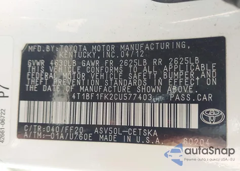 2012 Toyota Camry from USA, damaged, VIN 4T1BF1FA2CU577403